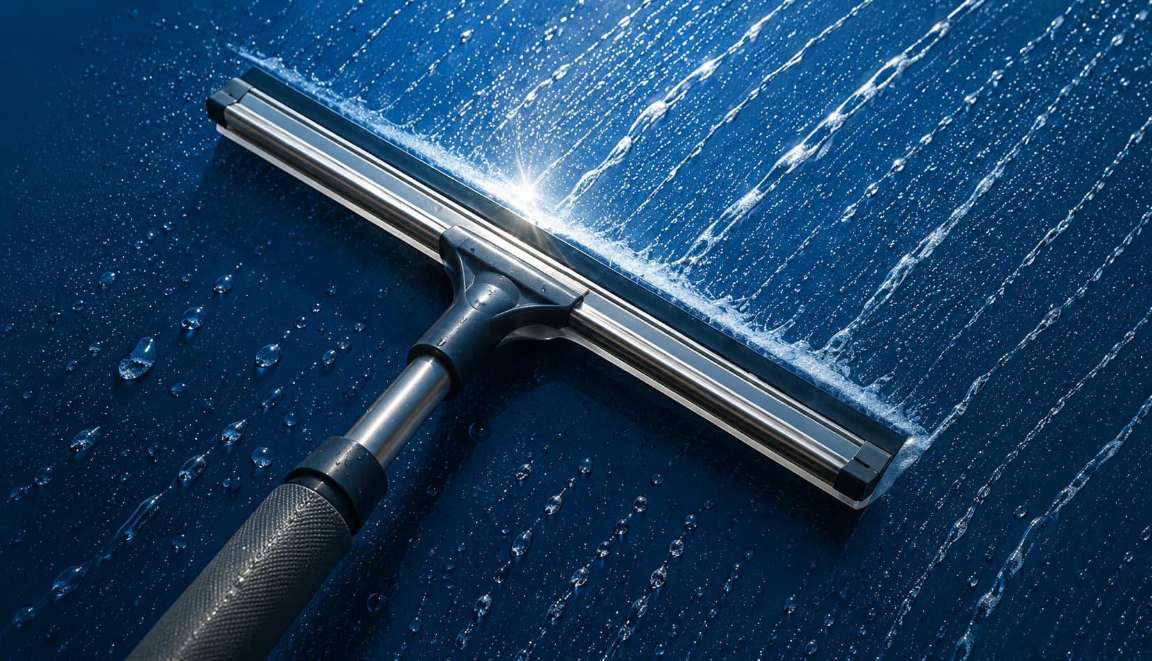Professional squeegee cleaning a window with water